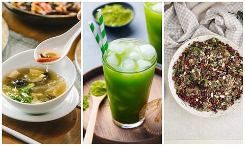 Jujube soup, Matcha Cucumber lemonade and Meta boost salad