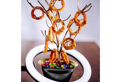 Crispy Onion Rings with Gongura Cream
