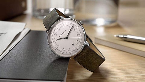 The Sternglas Hamburg is a classic watch with a Bauhaus-inspired design. Silver satin dial, domed sapphire crystal glass, Luminova, Ronda 715 Swiss movement. INR 18,000.