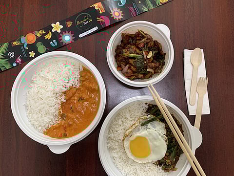 Thai Red Curry, Thai Basil Rice with Prawns & Bangkok Chilli Chicken