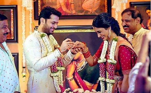 Nithiin and Shalini at the engagement ceremony. Image source: Instagram