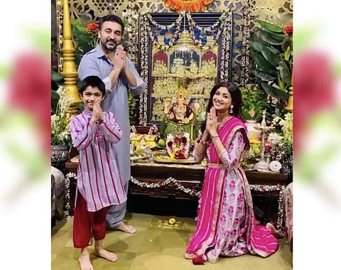 All decked up for the occasion in Punit Balana's Fuschia Pink ensemble, Shilpa Shetty Kundra posted a boomerang video with son husband Raj and son