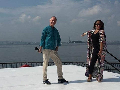 Jonathan Hollander, left, at the opening of the Black Voices in Dance program that launched the Festival, with Danni Gee, right, Dance Curator, City Parks Foundation
