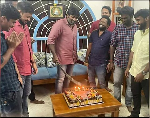 Vijay Sethupathi celebrating his birthday with the cast and crew of his upcoming film