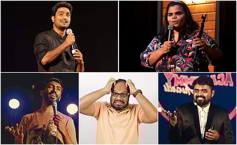 Stand-up comedians Karthi Durai (top left), Syama Harini (top right), Manoj Prabhakar (bottom left), Praveen Kumar (bottom centre), and Jagan Krishna (bottom right)