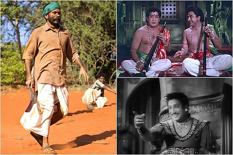 Stills from Dhanush's Asuran (left), Sivaji Ganesan's Thillana Mohanambal (top right) and Uthama Puthiran (bottom right)