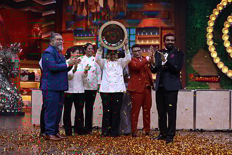 Devaki (centre) flanked by judges Koushik Shankar, Harish Rao and celebrity host Vijay Sethupathi