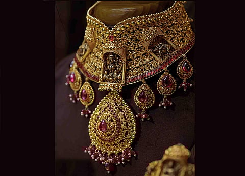 An elaborate temple jewellery at Senco Gold and Diamonds