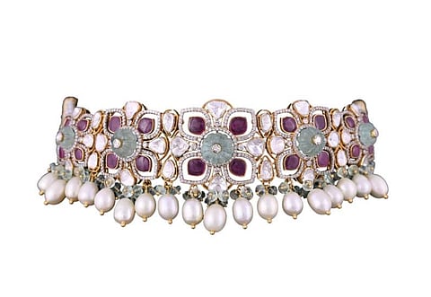 Polki choker with ruby and carved emeralds