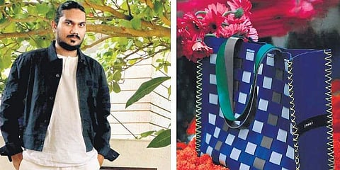 Artist-activist Sudheer Rajbhar (left), and a bag from his 'Chamar Studio' (right)
