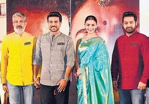 SS Rajamouli with Ram Charan, Jr NTR, and Alia Bhatt