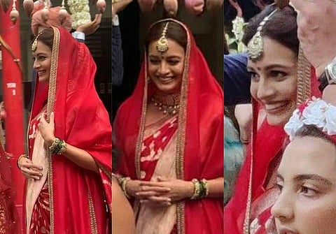 Dia Mirza looks stunning in a red bridal ensemble. (Image courtesy: Viral Bhayani)