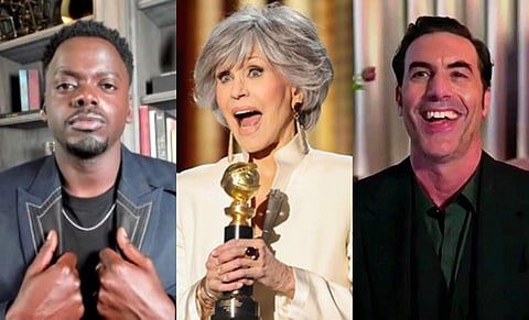 Daniel Kaluuya, Jane Fonda and Sacha Baron Cohen from the Golden Globes