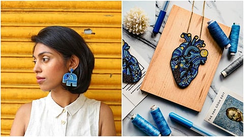 Zeanne wearing her organza and bead Elephant earrings (L); the Van Gogh edit