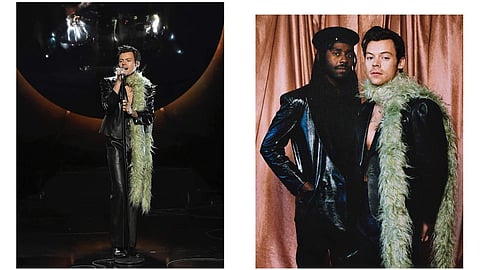 Harry Styles in Gucci custom leather and a faux feather boa