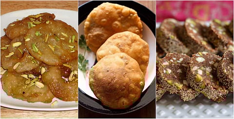 Apple Jalebi (left), Matar Khasta Roll (centre), Khajur Barfi (right)