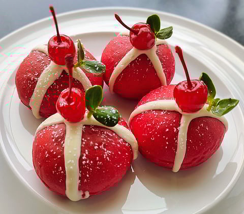 Red velvet hot cross buns at Taj Coromandel, Chennai