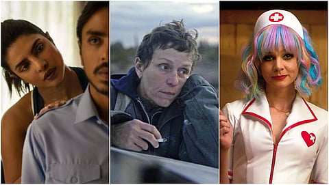 Stills from The White Tiger (left), Nomadland (centre) and Promising Young Woman (right)