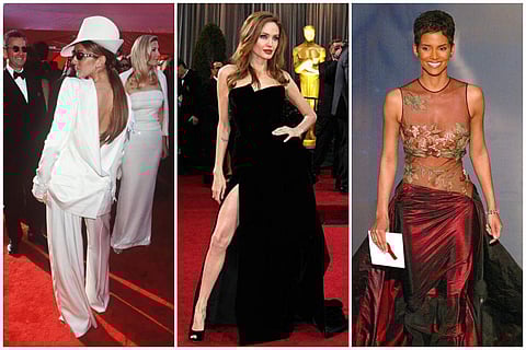 Oscar outfits by Celine Dion (left), Angelina Jolie (centre), and Halle Berry (right)