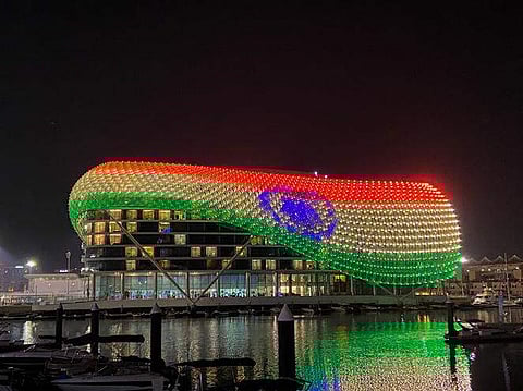 Yas Island at Abu Dubai displays the Indian flag on its grid shell light canopy