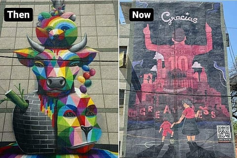 (L) A mural by Madrid-based artist Okuda San Miguel on the wall of a primary school, (R) Budweiser's 'murals of tribute' created for ace footballer Lionel Messi.