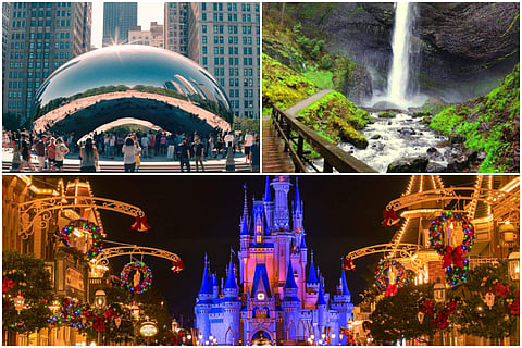 Chicago's Cloud Gate (top left), Portland's Latourell Falls (top right), and Walt Disney World Resort at Orlando (bottom)
