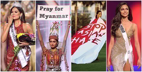Left to right: Miss Universe winner Andrea Meza, Myanmar contestant Thuzar Wint Lwin, Singapore contestant Bernadette Belle Wu Ong, India’s contestant Adline Castelino