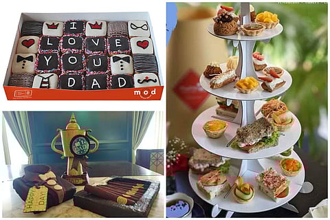 Father's Day special: Personalised doughnuts (top left), edible ‘No. 1 Dad’ trophies (bottom left), and a special menu for a Father's Day high tea (right)