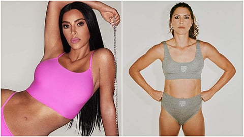 On left: Kim Kardashian in a Skims set; on right: American soccer player Alex Morgan in grey Skims sports set