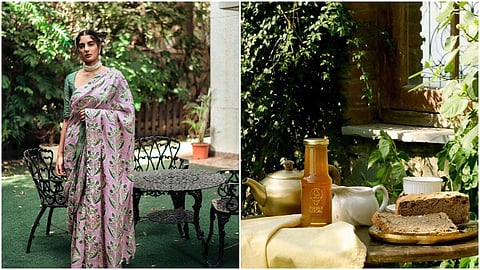 On left: Guldasta Silk Cocktail Sari by Jodi; On right: Chemical-free honey from Pahadi Local