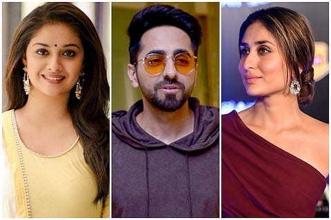 Keerthy Suresh (left), Ayushmann Khurrana (centre), and Kareena Kapoor Khan (right)