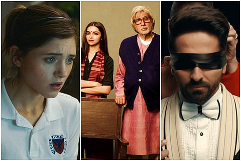 Stills from Yes, God, Yes (left), Piku (centre), and Andhadhun (right)