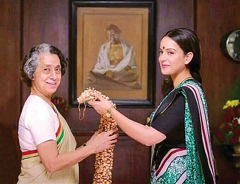 In one of the new stills from Thalaivi, Kangana Ranaut as J Jayalalithaa is seen standing next to the actor playing the role of Indira Gandhi
