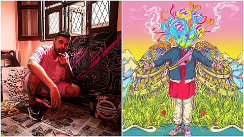 Left: Mumbai-based artist Santanu Hazarika; Right: His debut NFT artwork Sanviz