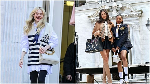 Emily Alyn Lind carries a faux leather Stella McCartney bag (Left); Zion Moreno with a Louis Vuitton Onthego PM sac plat tote and Savannah with a Jacquemes Le Grand Chiquito
