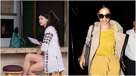 Alexandra Daddario with the Goyard St. Louis in The White Lotus (L) and Deepika Padukone with her Goyard (R)