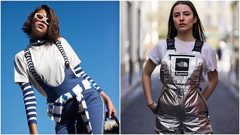 Deep U-neck ski-ing dungarees by Perfect Moments (L) and overall-style metallic dungaree by Supreme X The North Face