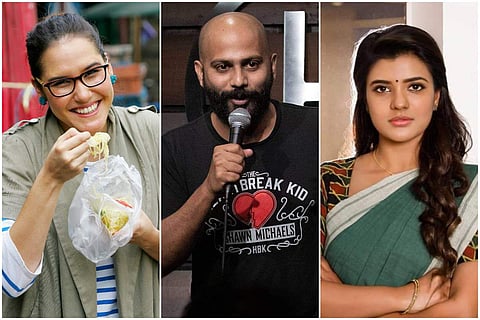 Celebrity chef Marion Grasby (left), stand-up comedian Vivek Muralidharan (centre), and actress Aishwarya Rajesh (right)