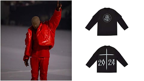 Kanye (L) at a Donda listening events and (R) a tee from his Balenciaga merch line
