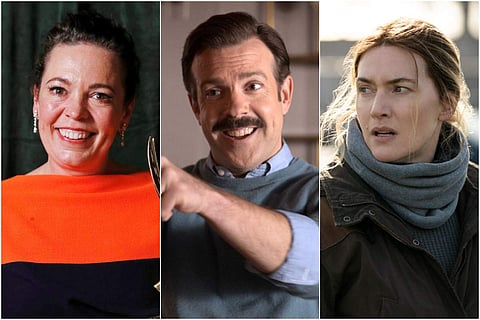 Emmy Awards 2021: Olivia Colman from The Crown (left), Jason Sudeikis from Ted Lasso (centre), and Kate Winslet from Mare of Easttown (right)