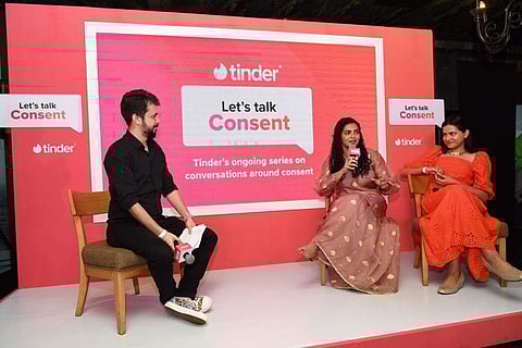 (L-R) Kevin Lee, Parvathy Thiruvothu, and  Shivani Gairola at Tinder event 'Let's Talk Consent'