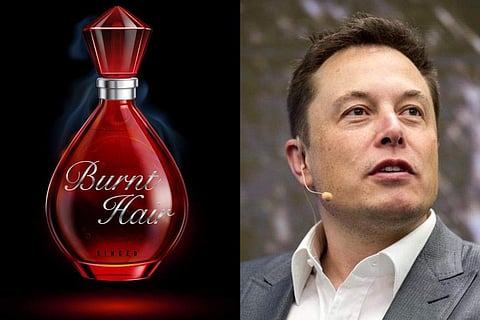 The perfume comes in a ruby red bottle with the name ‘Burnt Hair’ written in grey