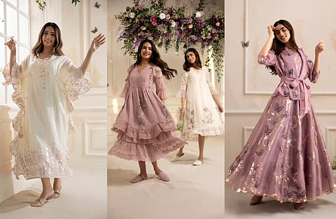 Marigold Rain Kaftan, A Window To Eden Boho Dresses and Butterfly Shadow Lehenga from Kaveri