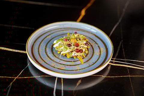 Shiso Leaf Crisp, Chickpea Chaat with Curd and Chutneys