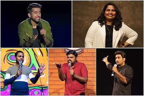 From left to right, top to bottom: Stand-up comedians Aravind SA, Sumukhi Suresh, Mervyn Rozz, Jagan Krishnan, and Karthi Durai