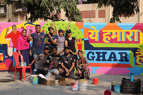 Yeh hamara ghar hai (This is our home) is a mural painted as part of creating shared spaces within the neighbourhood