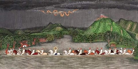 Maharana Fateh Singh crossing a river during the monsoon, ca. 1893