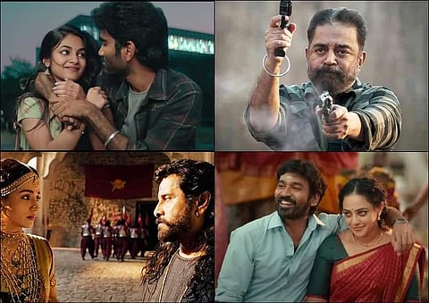 Left to right, top to bottom: Stills of Pradeep Ranganathan and Ivana from Love Today, Kamal Haasan from Vikram, Trisha and Vikram from Ponniyin Selvan-I, and Dhanush in Thiruchitrambalam