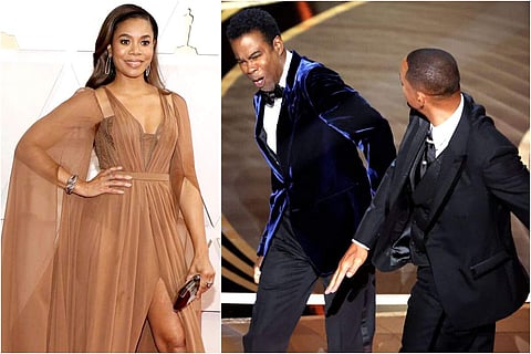 Regina Hall (left), Will Smith slapping Chris Rock at the Oscars awards ceremony 2022 (right)