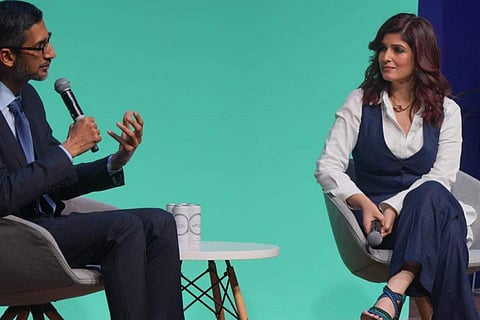 Twinkle Khanna and Sundar Pichai  at the stage of Women Will – a Google for India event